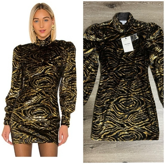 NWT GRLFRND Janice Mini Dress in Black & Gold Size XS Velvet Shimmer Cocktail - Picture 1 of 16